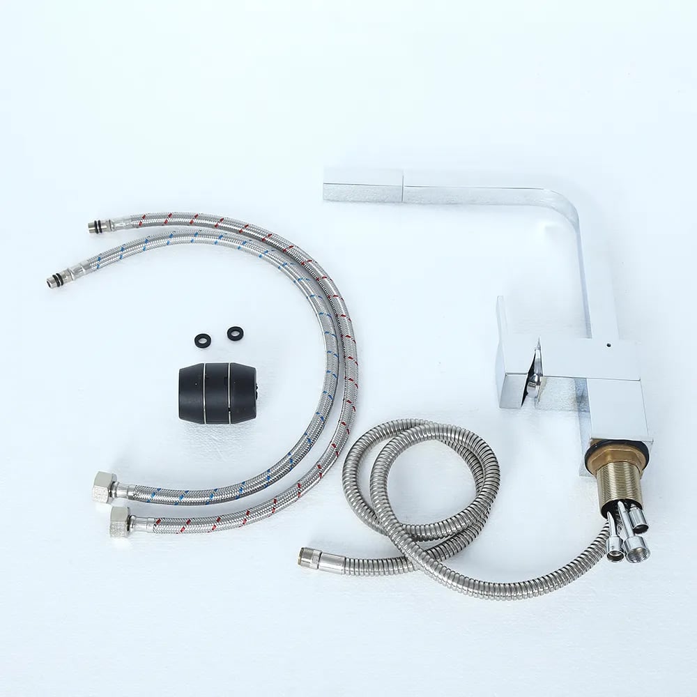 Robinet de cuisine contemporain à poignée unique en laiton à retrait carré en chrome poli image de fenêtre