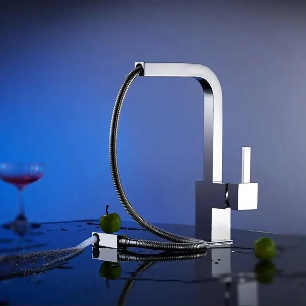 Robinet de cuisine contemporain à poignée unique en laiton à retrait carré en chrome poli image de fenêtre