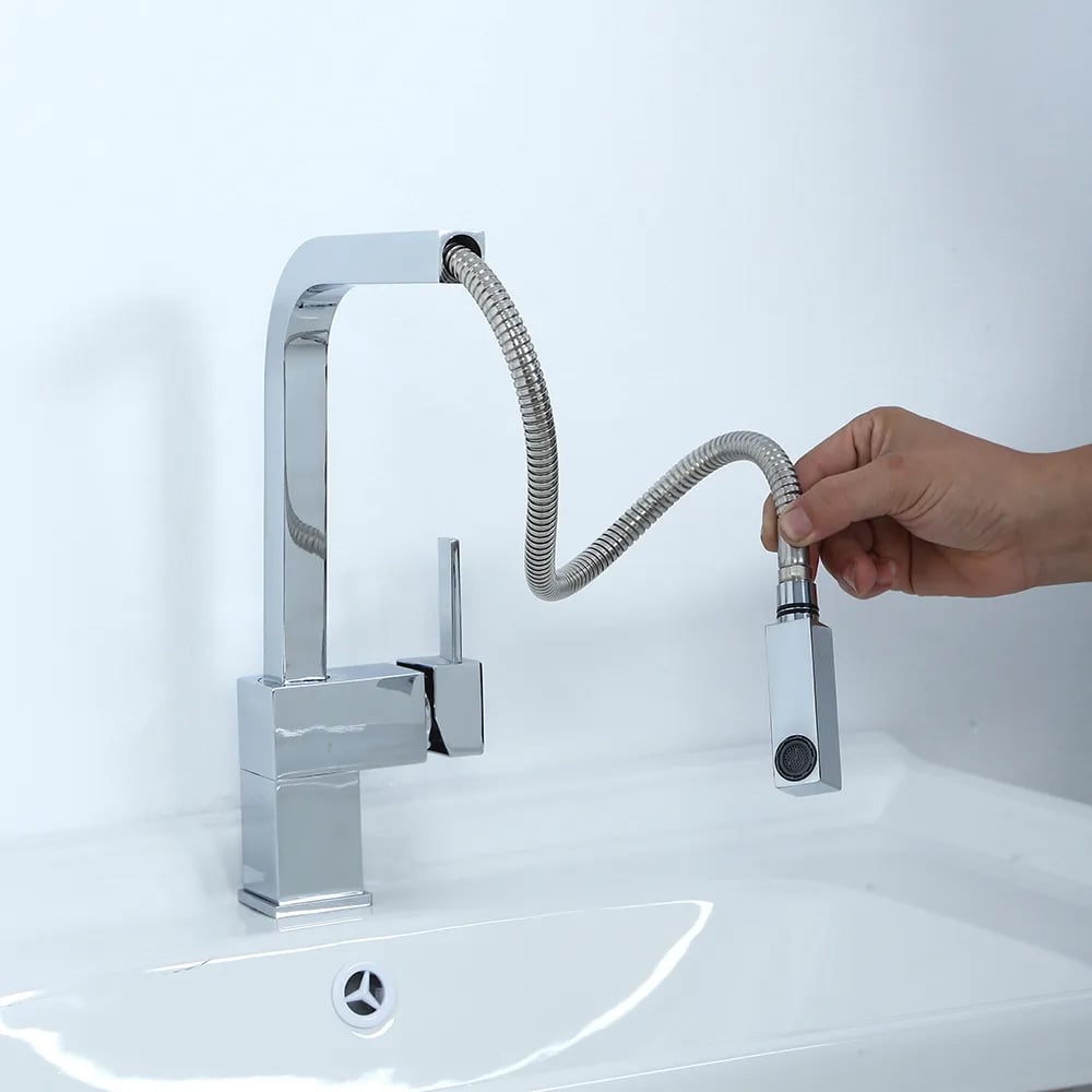 Robinet de cuisine contemporain à poignée unique en laiton à retrait carré en chrome poli image de fenêtre