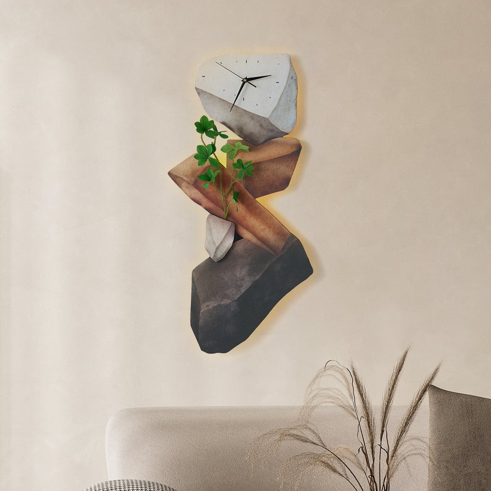 31.5" LED Rock Wall Clock with Remote Control – USB Powered, Faux Plant Decor, Dimmable