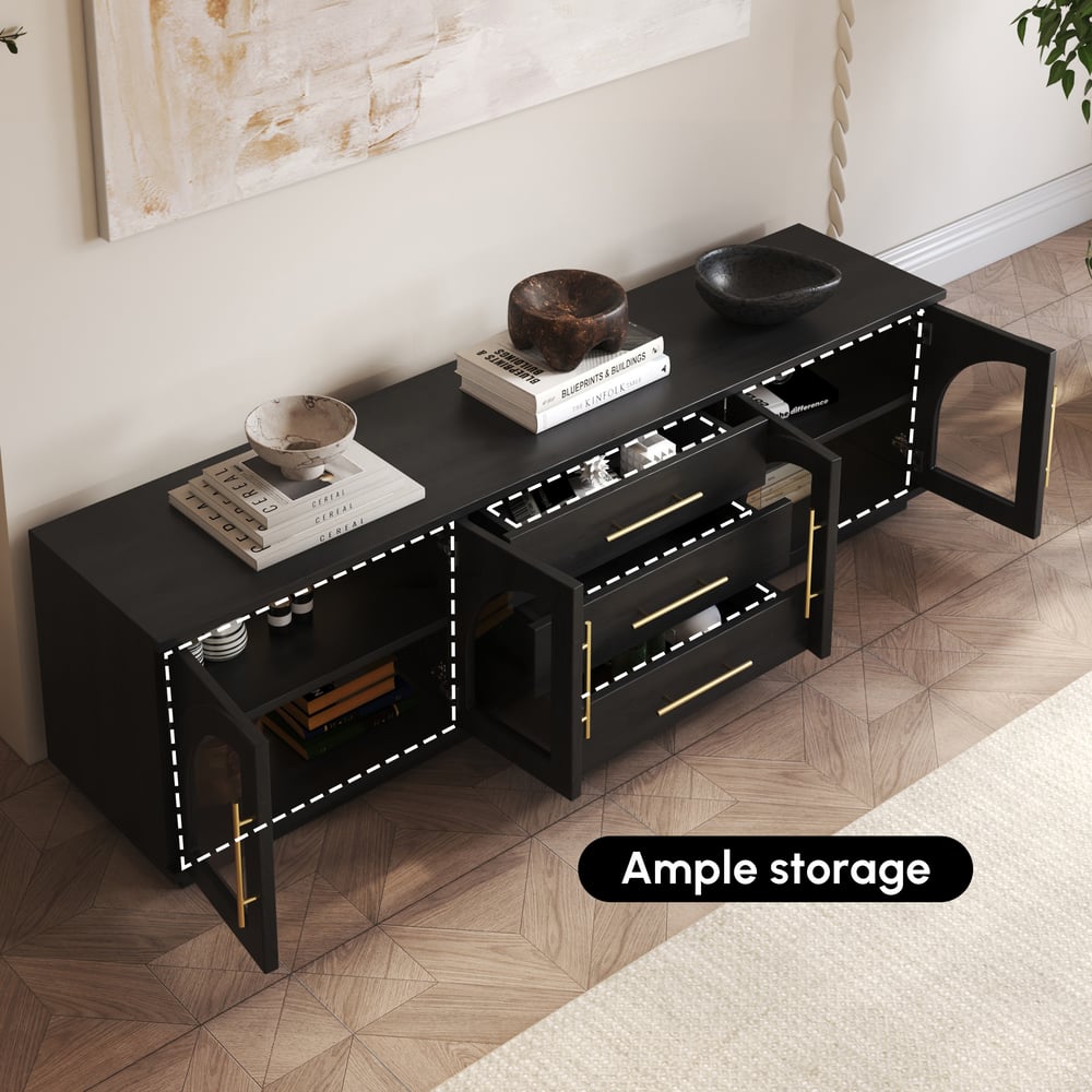 Mid Century Black TV Unit with LED Lights and Arched Glass Doors