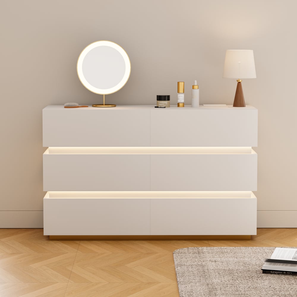 Lumio 1200mm Modern White 6 Drawer LED Dresser Chest Bedroom Storage Cabinet window image
