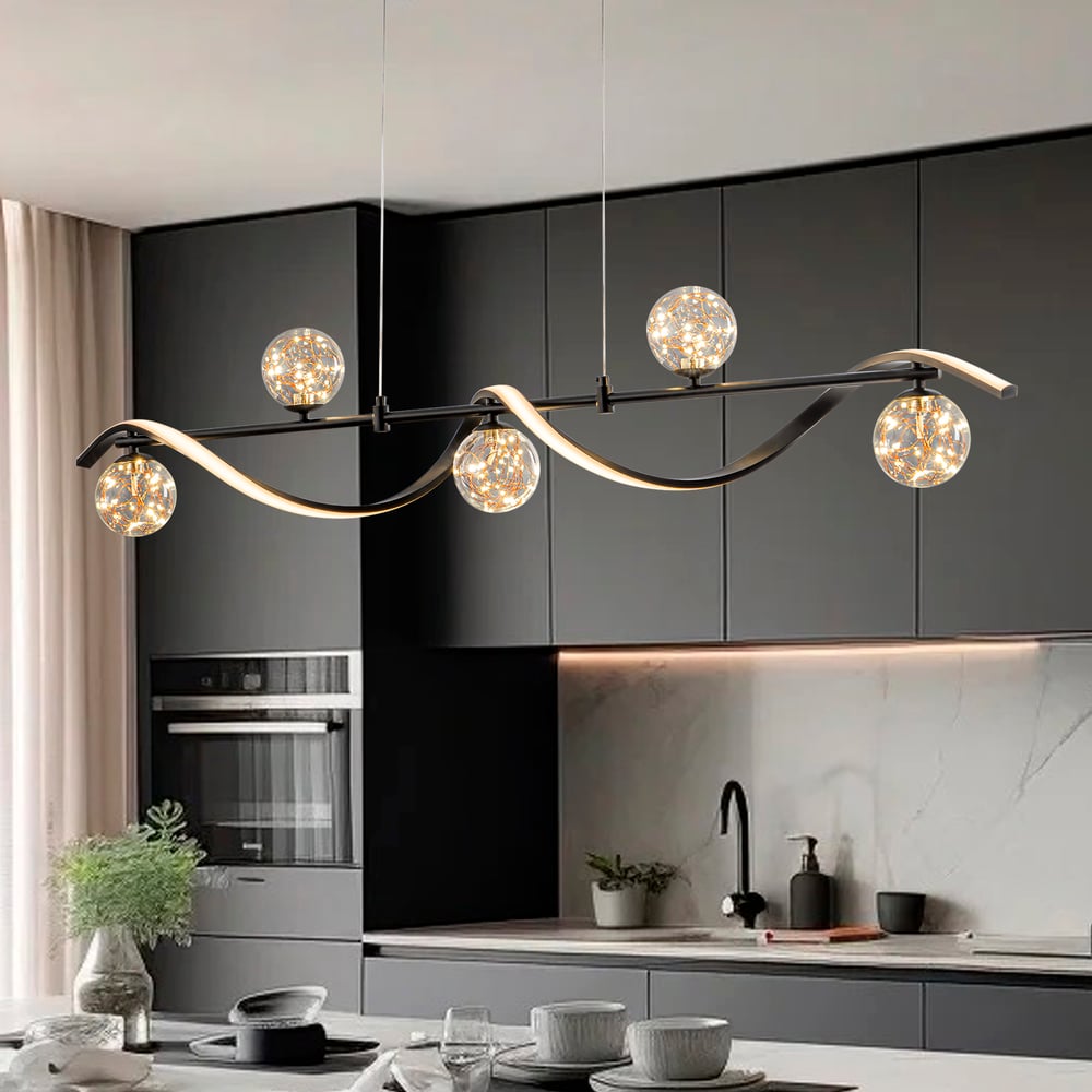 LED Linear Kitchen Island Light – 6-Light Dimmable Black Fixture with Glass Globe Shades window image