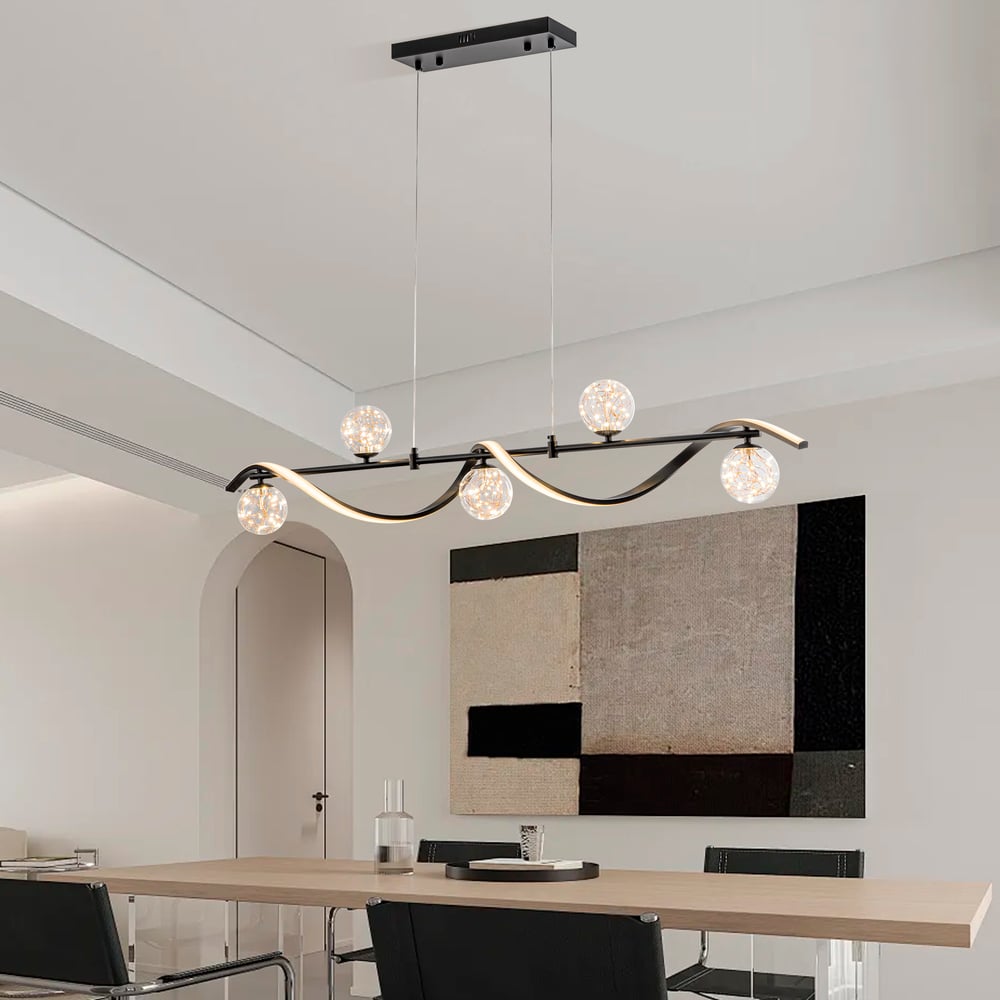 LED Linear Kitchen Island Light – 6-Light Dimmable Black Fixture with Glass Globe Shades window image