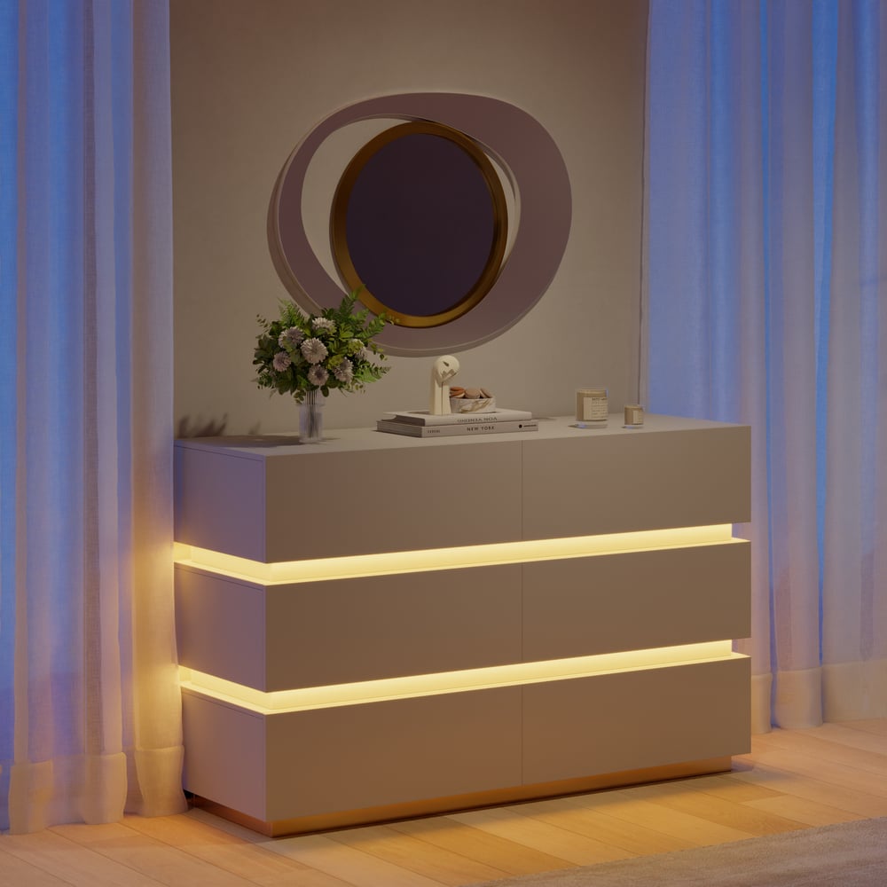 Lumio 1200mm Modern White 6 Drawer LED Dresser Chest Bedroom Storage Cabinet window image