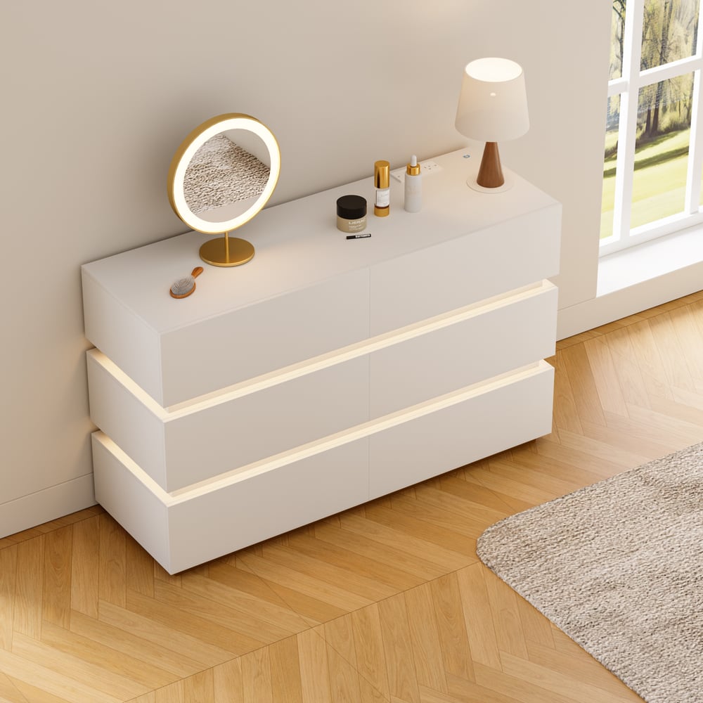 Lumio 1200mm Modern White 6 Drawer LED Dresser Chest Bedroom Storage Cabinet window image