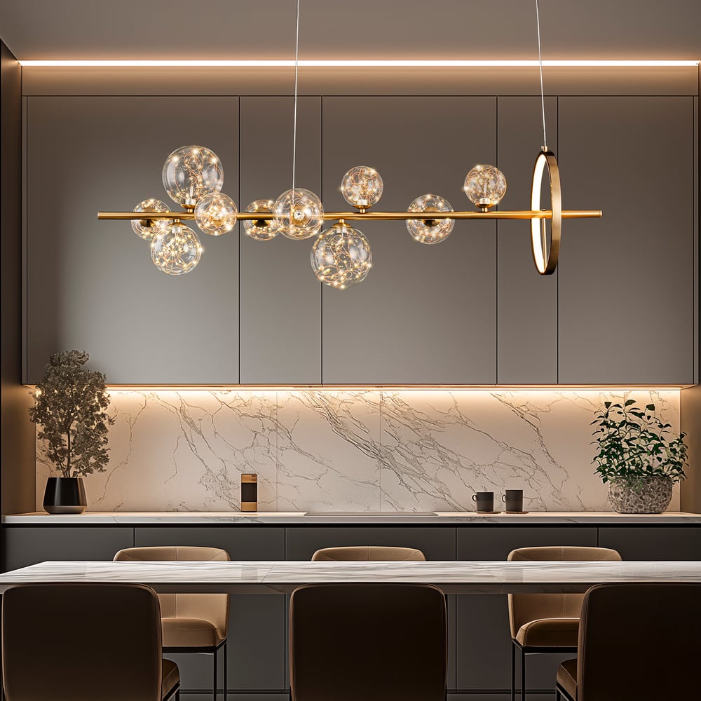 Modern 10-Light Gold Kitchen Island Light with Glass Globe Shade Ceiling Pendant Lights window image