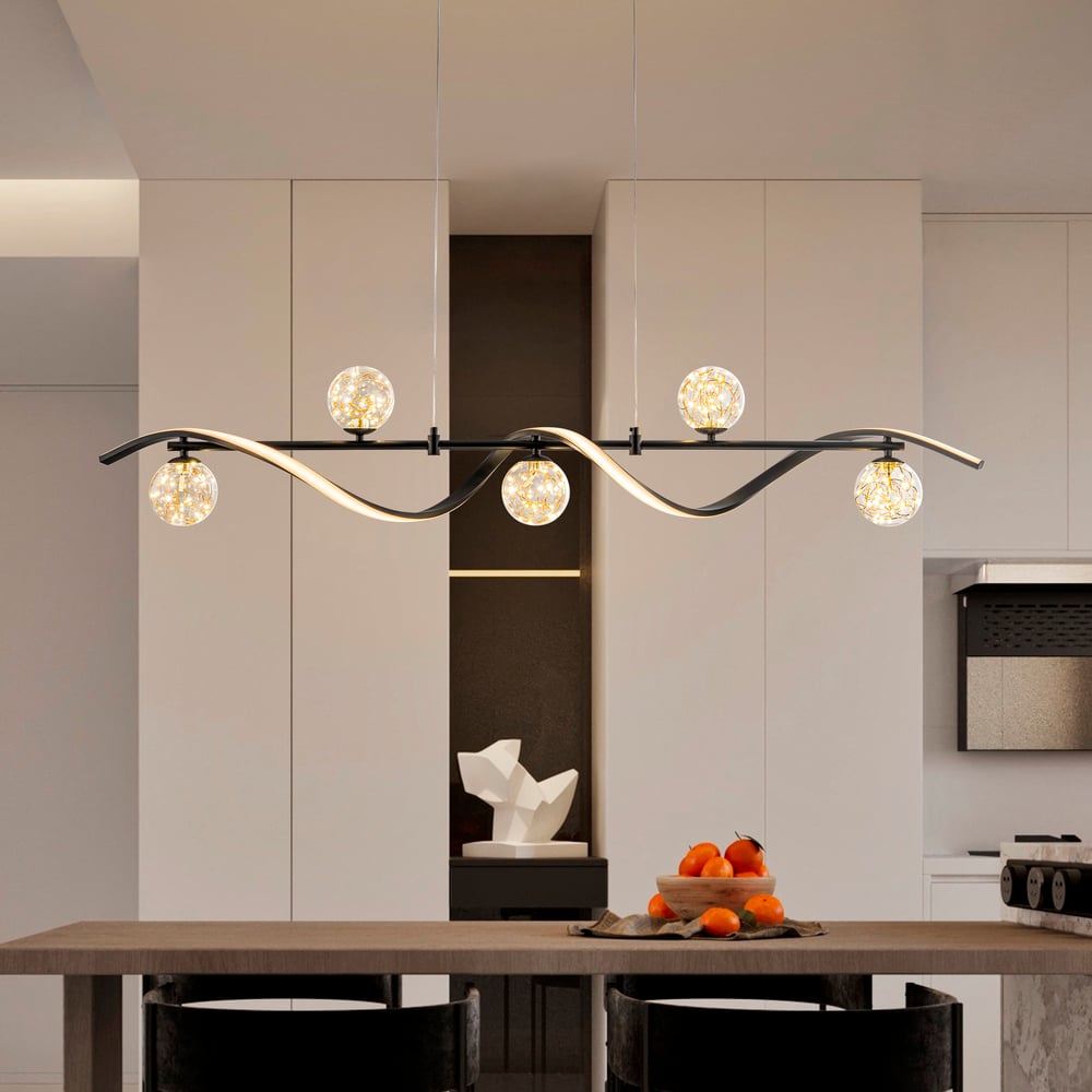 LED Linear Kitchen Island Light – 6-Light Dimmable Black Fixture with Glass Globe Shades window image