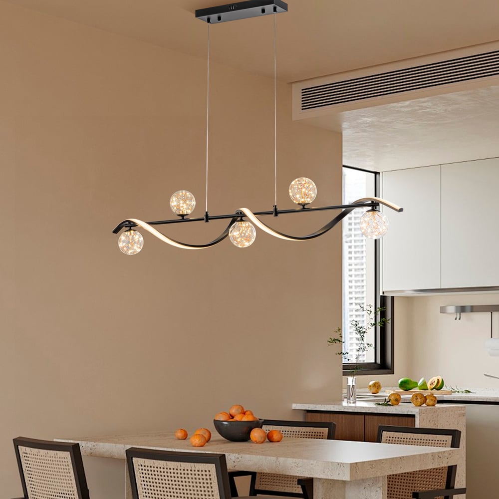 LED Linear Kitchen Island Light – 6-Light Dimmable Black Fixture with Glass Globe Shades window image