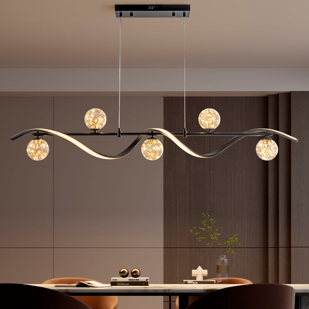 LED Linear Kitchen Island Light – 6-Light Dimmable Black Fixture with Glass Globe Shades window image