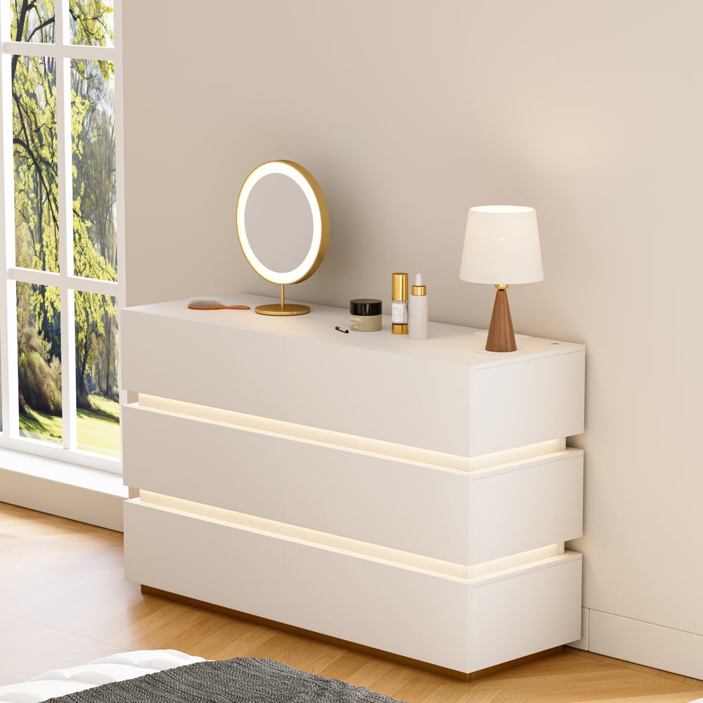 Lumio 1200mm Modern White 6 Drawer LED Dresser Chest Bedroom Storage Cabinet window image