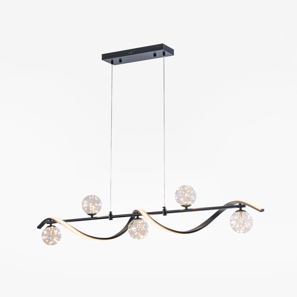 LED Linear Kitchen Island Light – 6-Light Dimmable Black Fixture with Glass Globe Shades window image