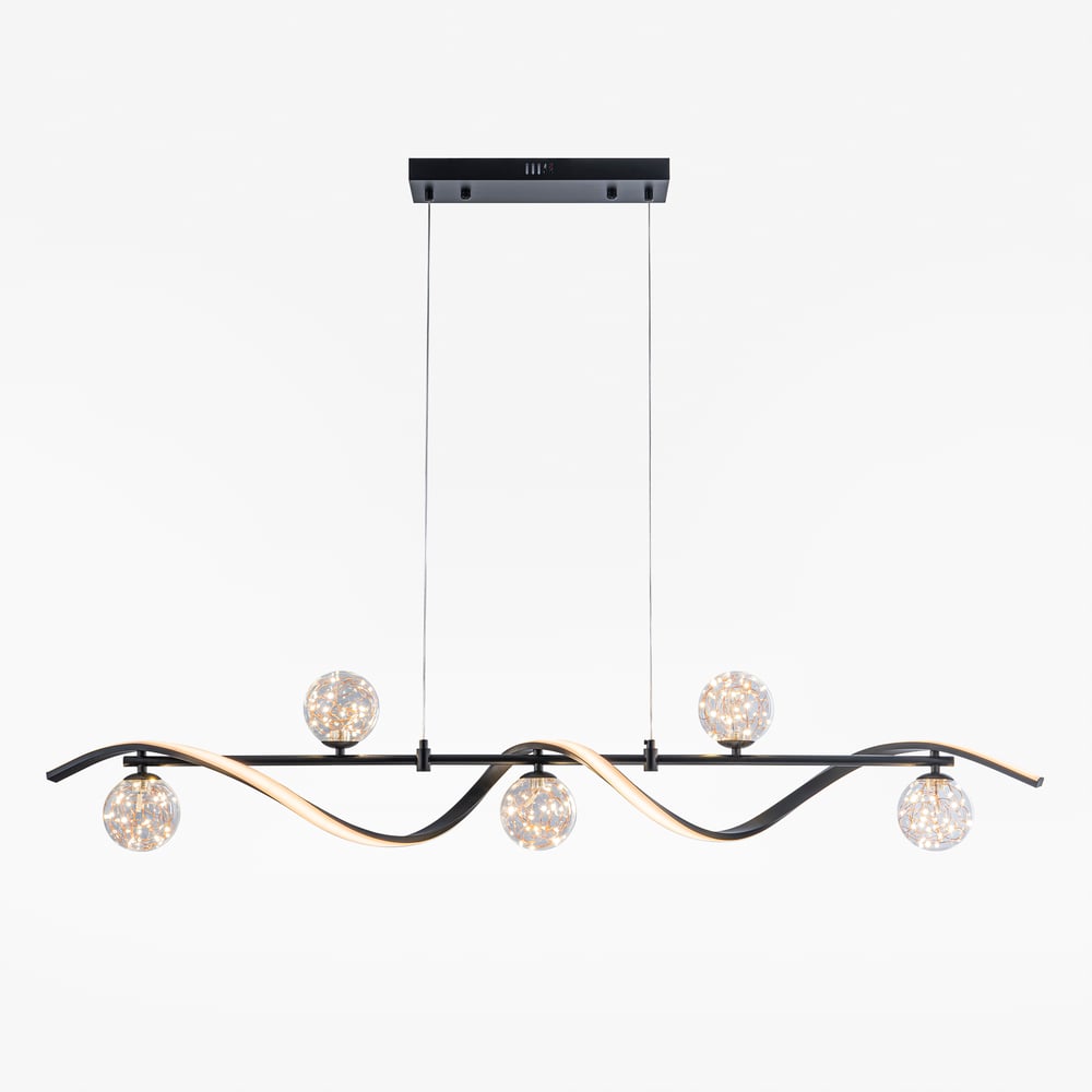 LED Linear Kitchen Island Light – 6-Light Dimmable Black Fixture with Glass Globe Shades window image