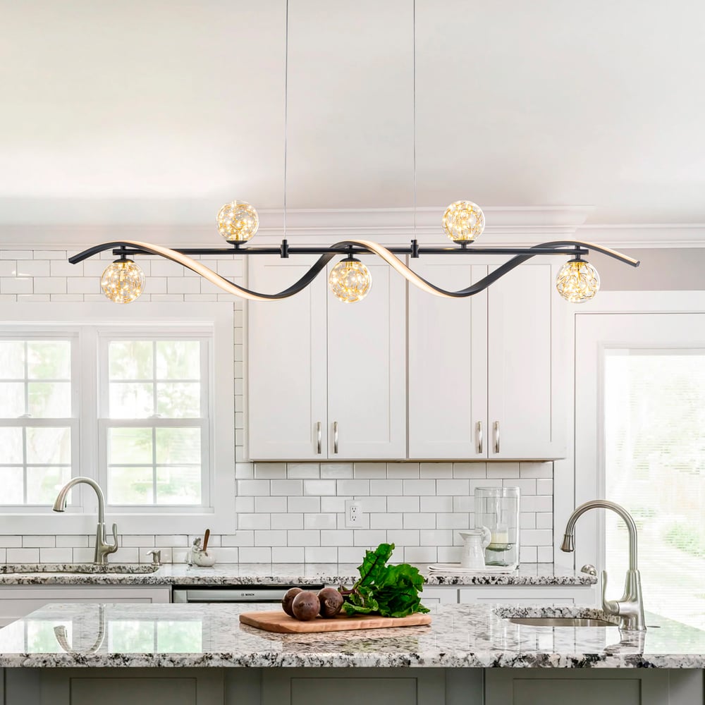 LED Linear Kitchen Island Light – 6-Light Dimmable Black Fixture with Glass Globe Shades window image
