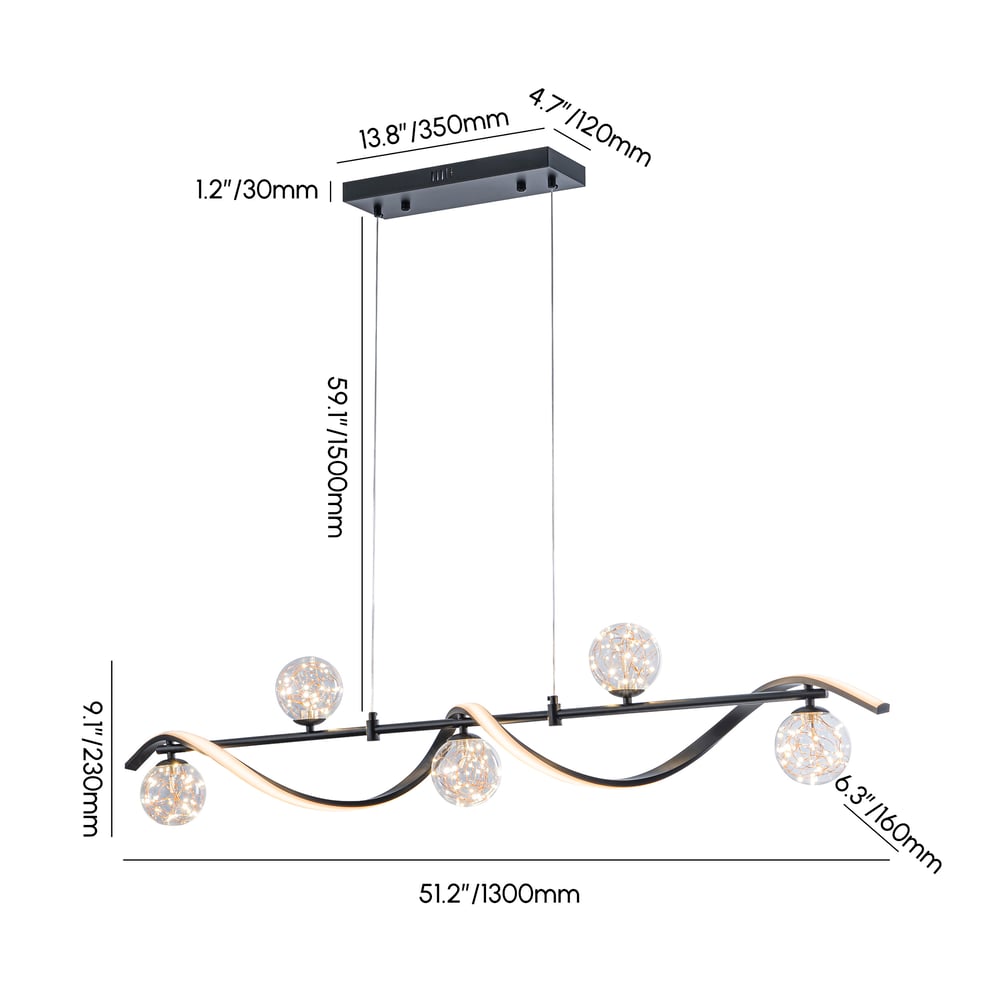 LED Linear Kitchen Island Light – 6-Light Dimmable Black Fixture with Glass Globe Shades weights dimensions image