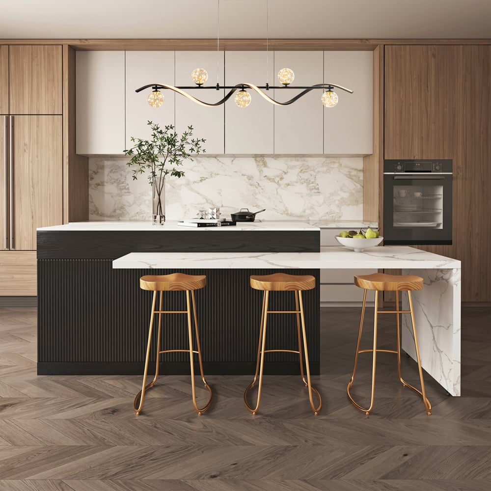 LED Linear Kitchen Island Light – 6-Light Dimmable Black Fixture with Glass Globe Shades window image