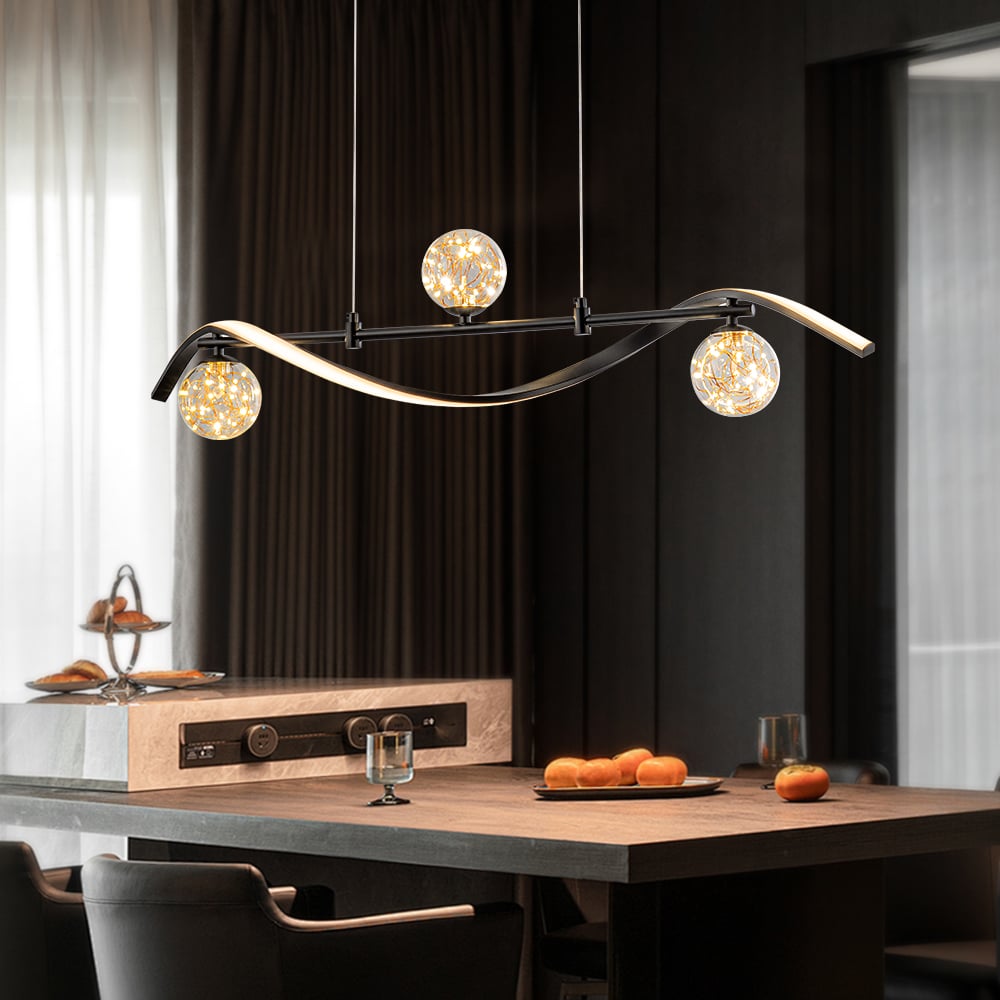 LED Linear Kitchen Island Light – 4-Light Dimmable Black Fixture with Glass Globe Shades window image