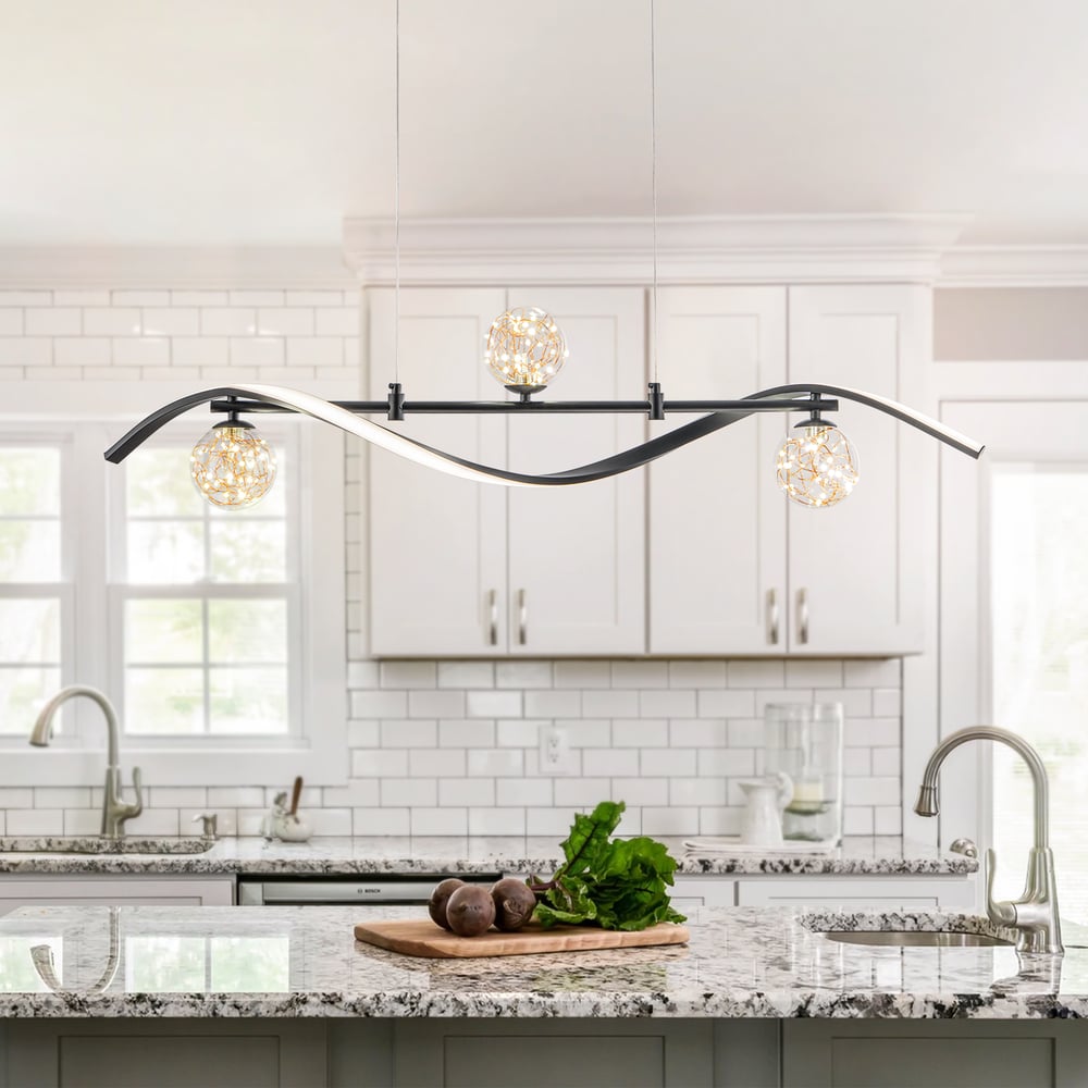 LED Linear Kitchen Island Light – 4-Light Dimmable Black Fixture with Glass Globe Shades window image