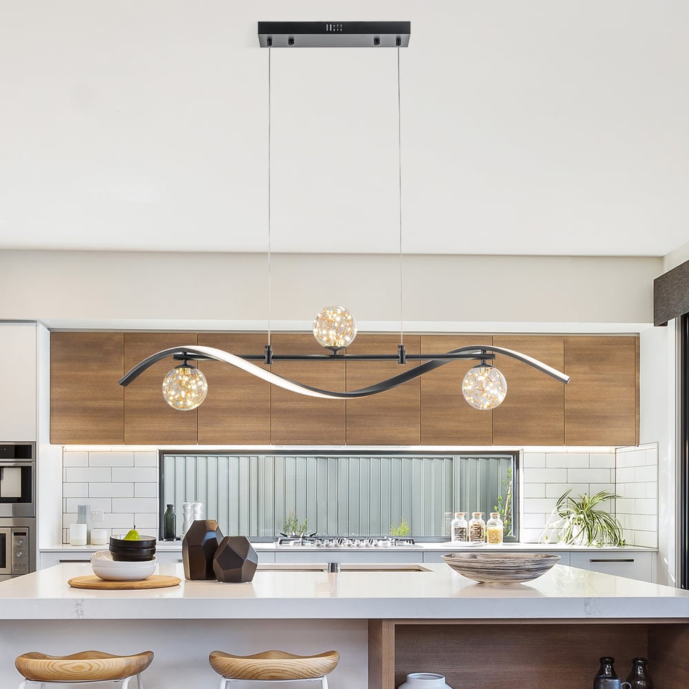 LED Linear Kitchen Island Light – 4-Light Dimmable Black Fixture with Glass Globe Shades window image