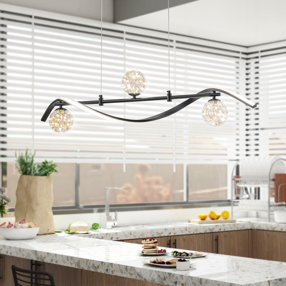 LED Linear Kitchen Island Light – 4-Light Dimmable Black Fixture with Glass Globe Shades window image