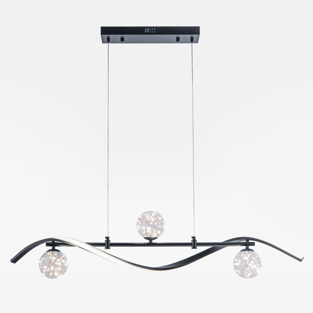 LED Linear Kitchen Island Light – 4-Light Dimmable Black Fixture with Glass Globe Shades window image