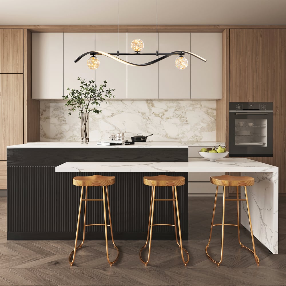 LED Linear Kitchen Island Light – 4-Light Dimmable Black Fixture with Glass Globe Shades window image