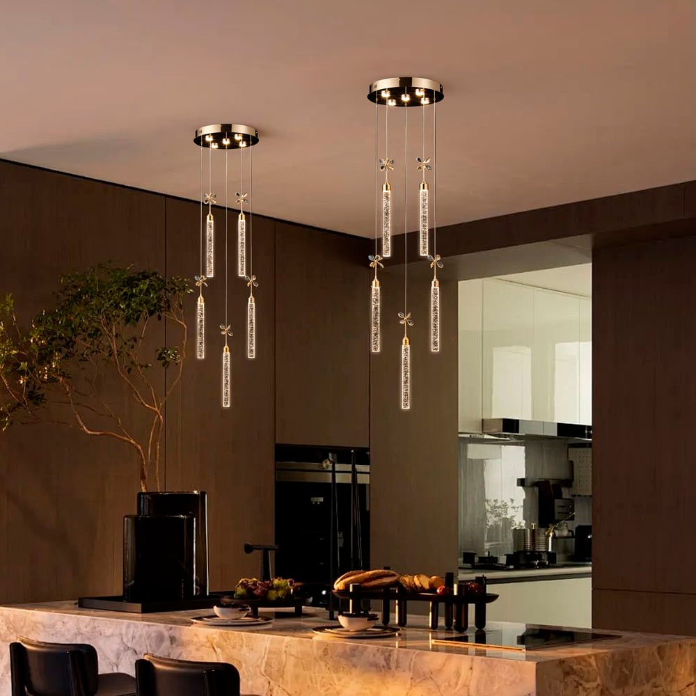 Modern 59" Gold LED Chandelier with Bubble Acrylic Shades – Remote-Controlled Dimmable