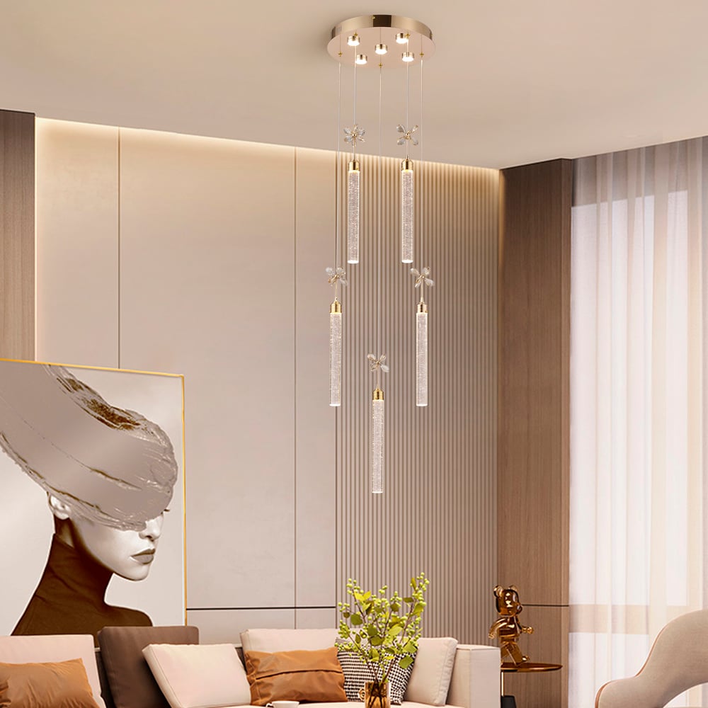 Modern 59" Gold LED Chandelier with Bubble Acrylic Shades – Remote-Controlled Dimmable