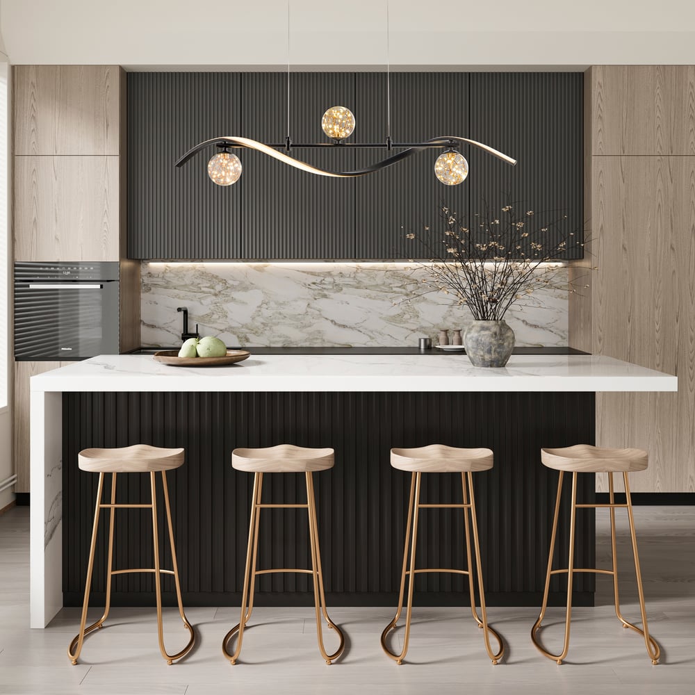 LED Linear Kitchen Island Light – 4-Light Dimmable Black Fixture with Glass Globe Shades window image