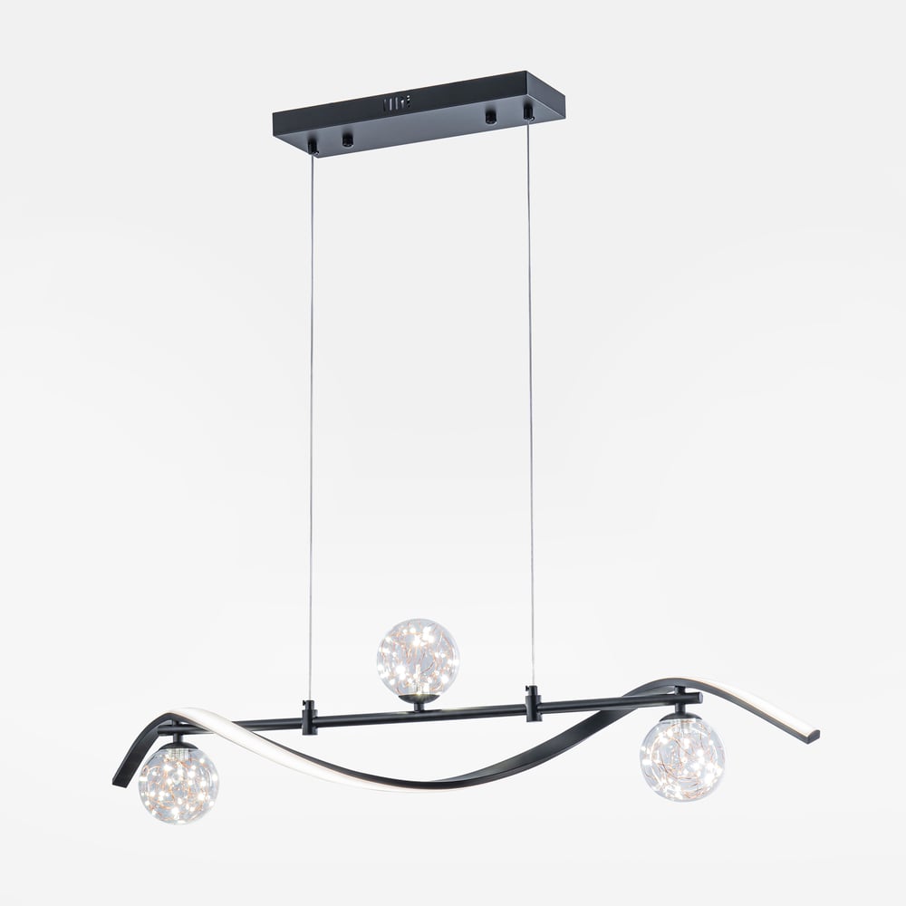 LED Linear Kitchen Island Light – 4-Light Dimmable Black Fixture with Glass Globe Shades window image