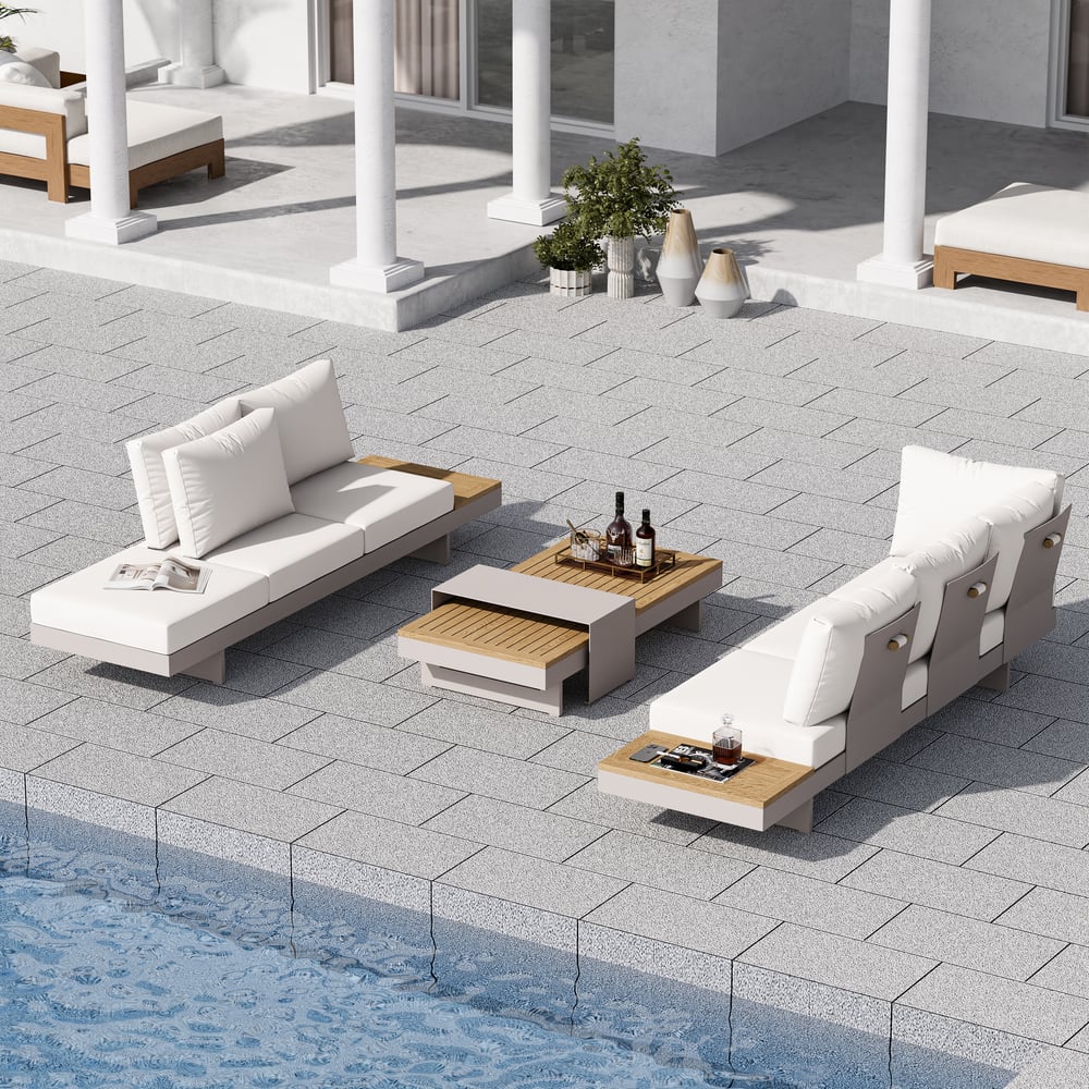 Set di divani componibili per esterni Axis per 6 persone in alluminio e teak in grigio chiaro Immagine della finestra