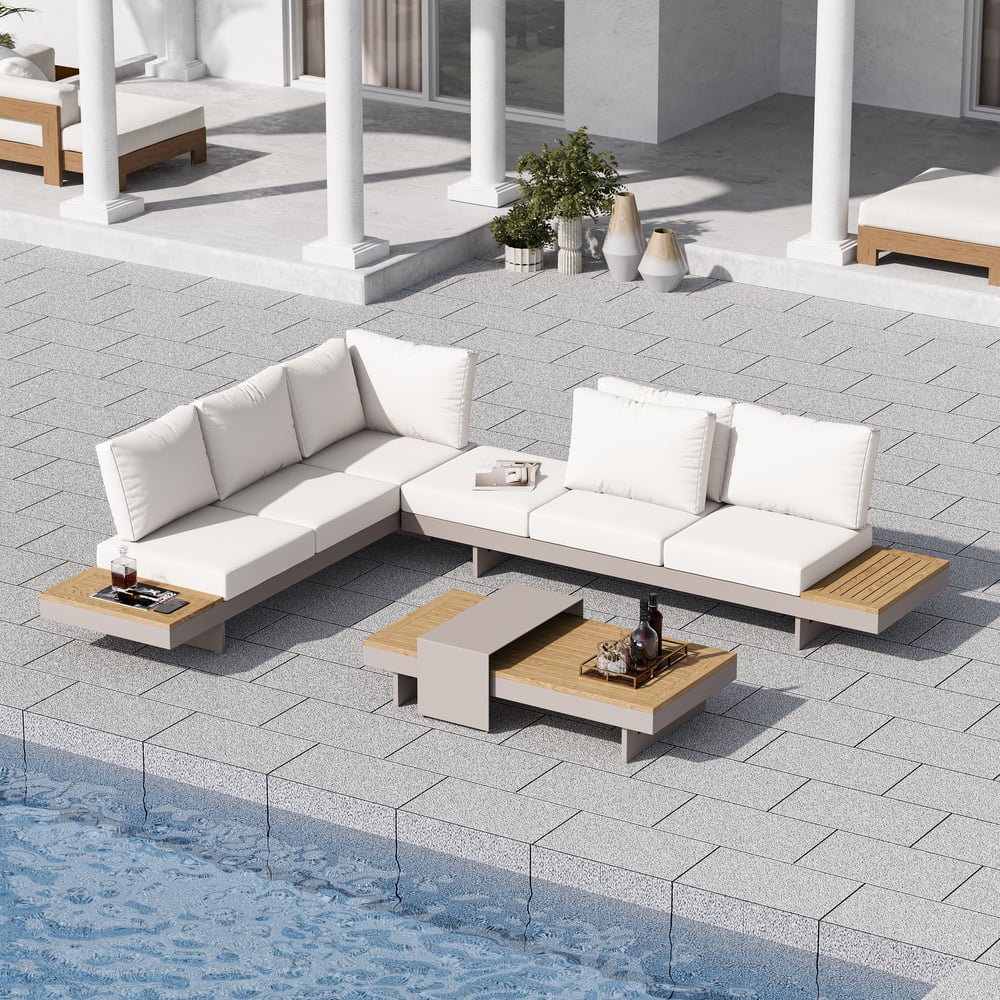 Set di divani componibili per esterni Axis per 6 persone in alluminio e teak in grigio chiaro Immagine della finestra