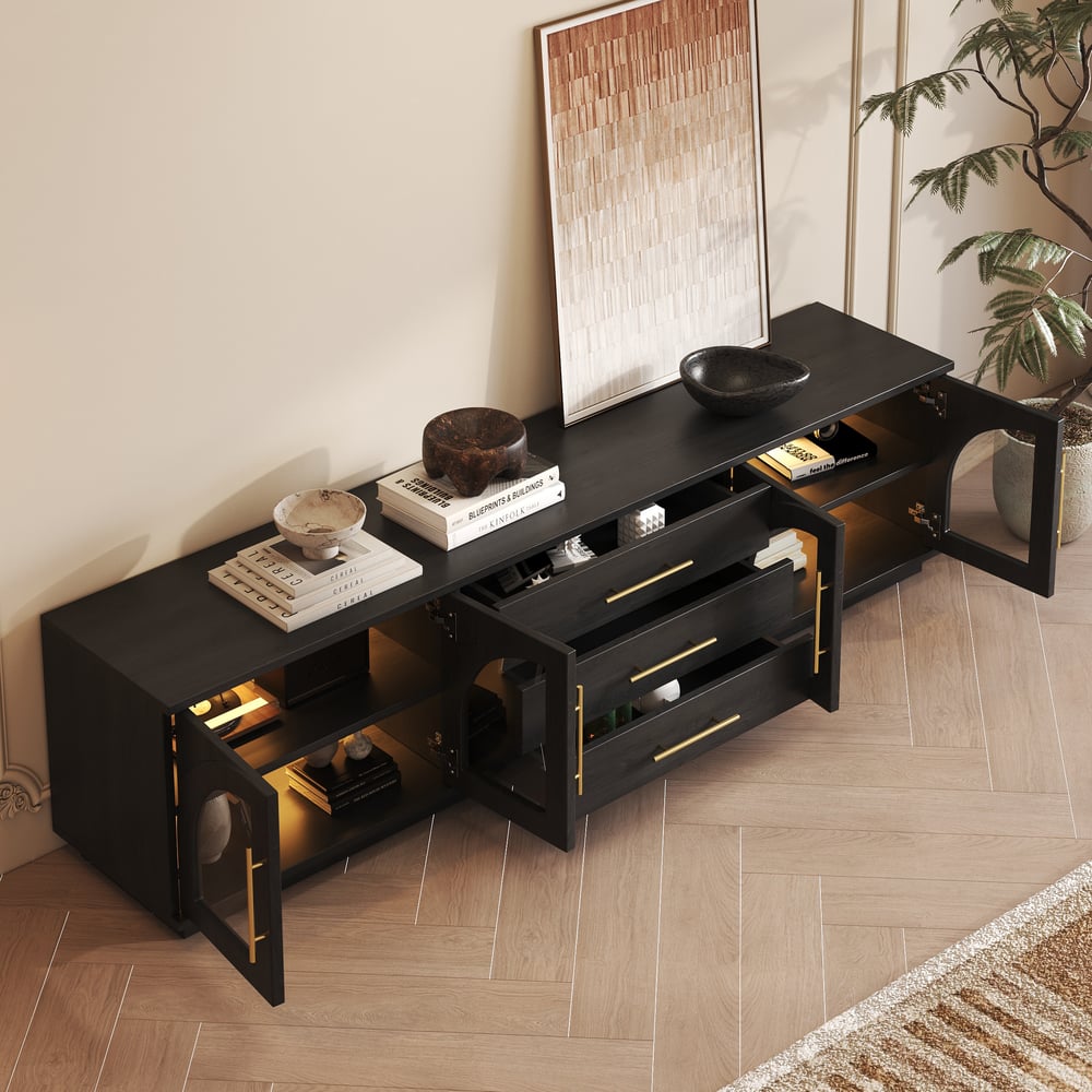 80" Arched Glass Doors TV Stand with Storage and LED