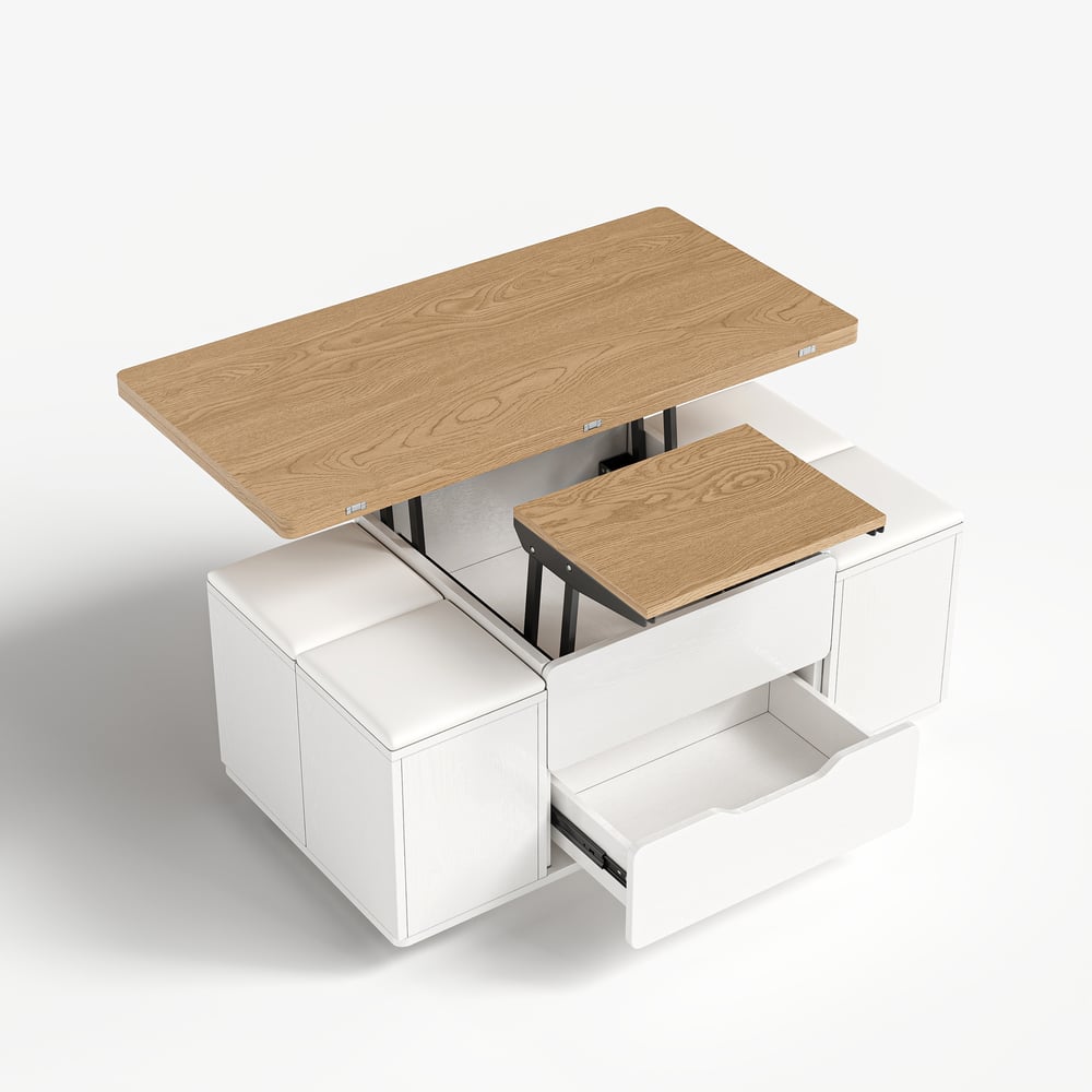39" Lift-Top Foldable Natural & White Coffee Table with 4 Stools & Storage