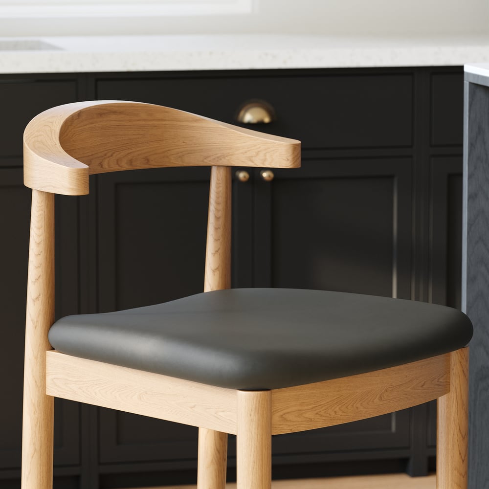 Acurv Modern Walnut Solid Wood Counter Stool with Black Faux Leather Upholstery window image