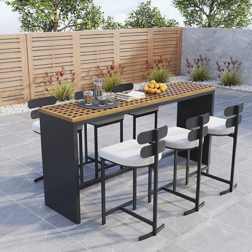 7-Pieces 70.9'' Teak Rectangle Hollow Bar Dining Table Set for Outdoor & Patio window image