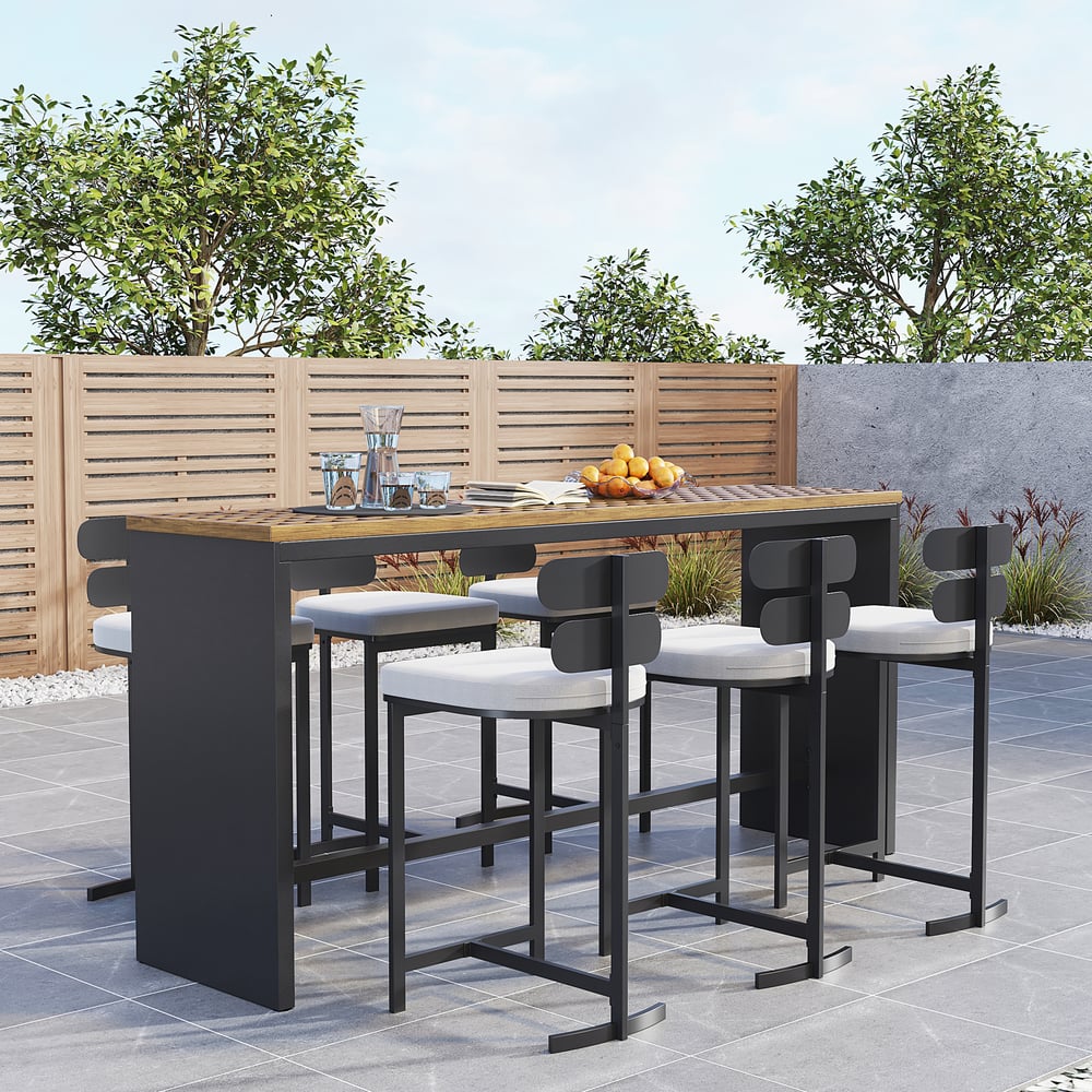 7-Pieces 70.9'' Teak Rectangle Hollow Bar Dining Table Set for Outdoor & Patio window image