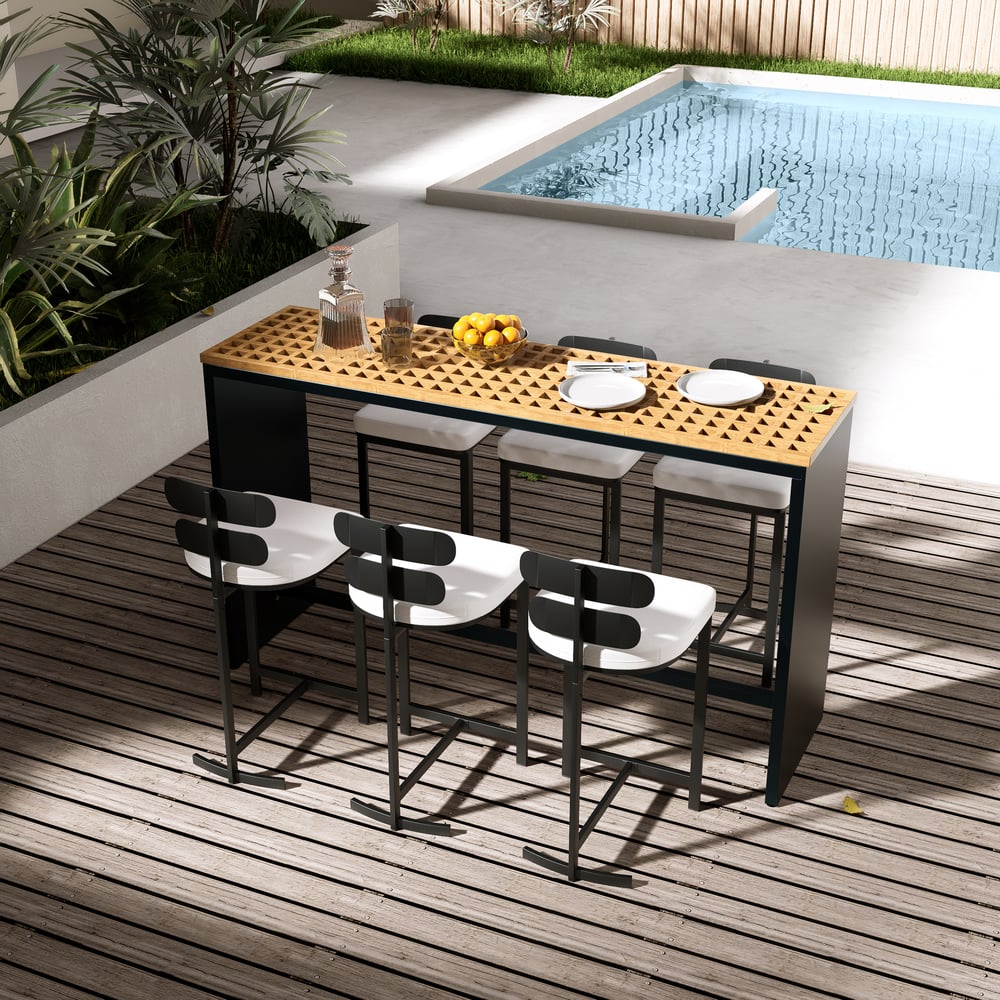 7-Pieces 70.9'' Teak Rectangle Hollow Bar Dining Table Set for Outdoor & Patio window image
