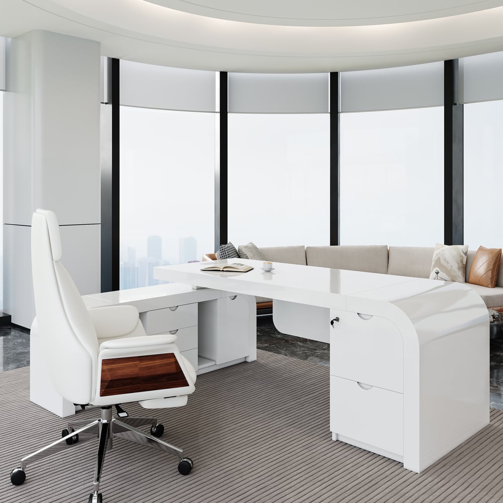 L-shaped Modern Executive Desk & Reclining Leather Office Desk Chair High Back 