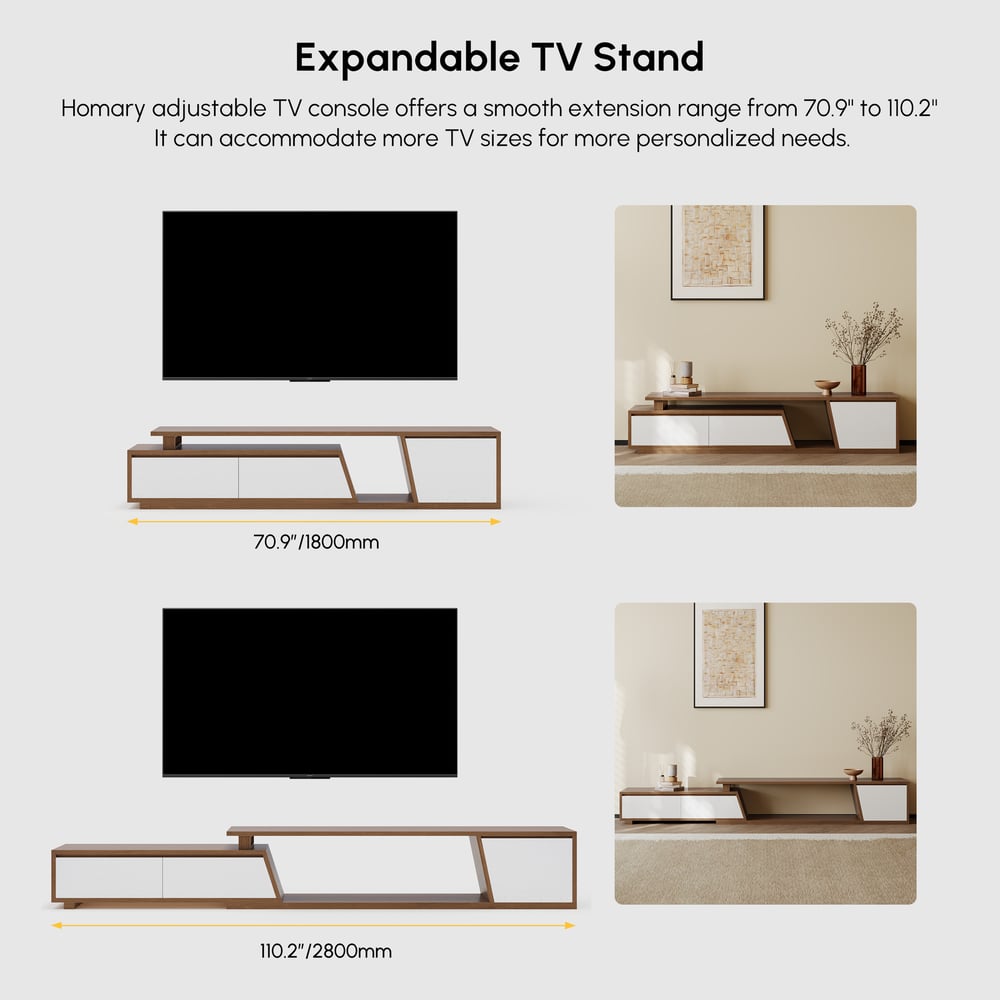Fero Walnut & White Reversible Extendable TV Stand with 3 Drawers(71"-120") window image