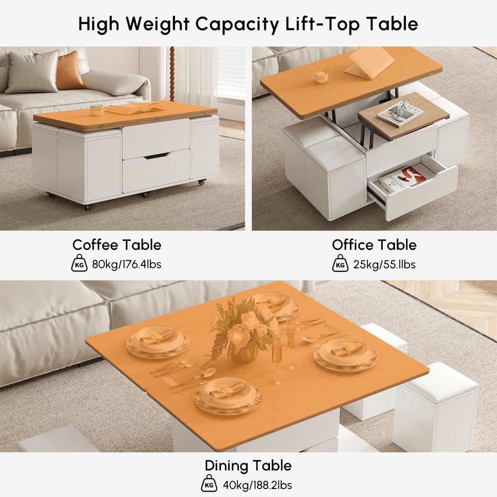 39" Lift-Top Foldable Natural & White Coffee Table with 4 Stools & Storage