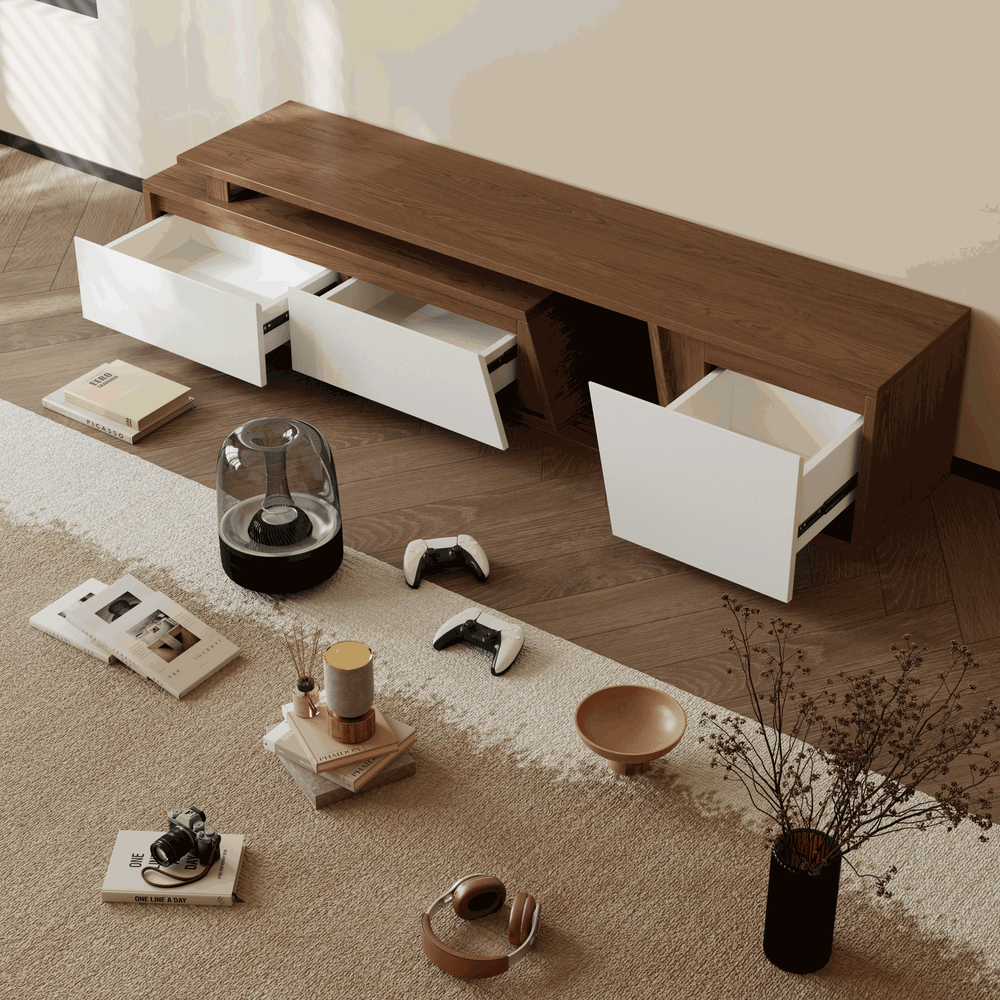 Fero TV Stand Set of Wood White & Walnut Extendable TV Stand & Rectangular Coffee Table window image