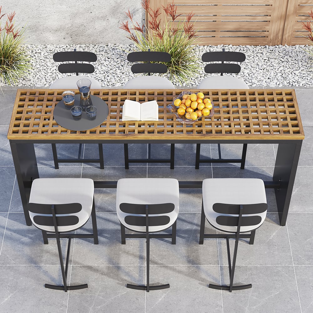 7-Pieces 70.9'' Teak Rectangle Hollow Bar Dining Table Set for Outdoor & Patio window image