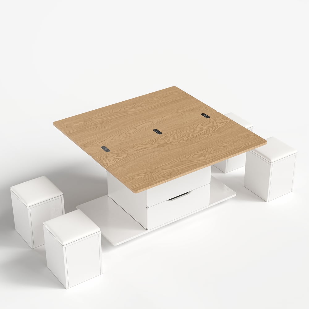 39" Lift-Top Foldable Natural & White Coffee Table with 4 Stools & Storage