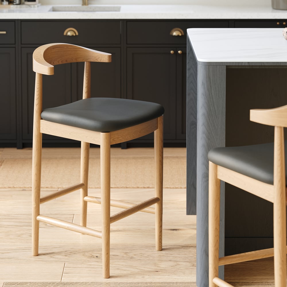 Acurv Modern Walnut Solid Wood Counter Stool with Black Faux Leather Upholstery window image