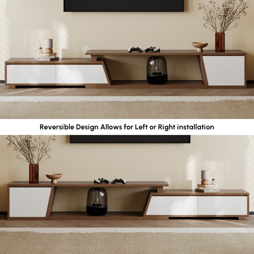 Fero Walnut & White Reversible Extendable TV Stand with 3 Drawers(71"-120") window image