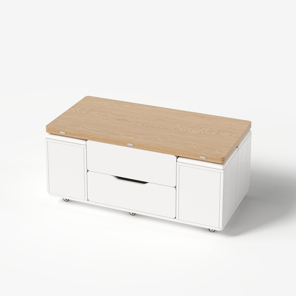 39" Lift-Top Foldable Natural & White Coffee Table with 4 Stools & Storage