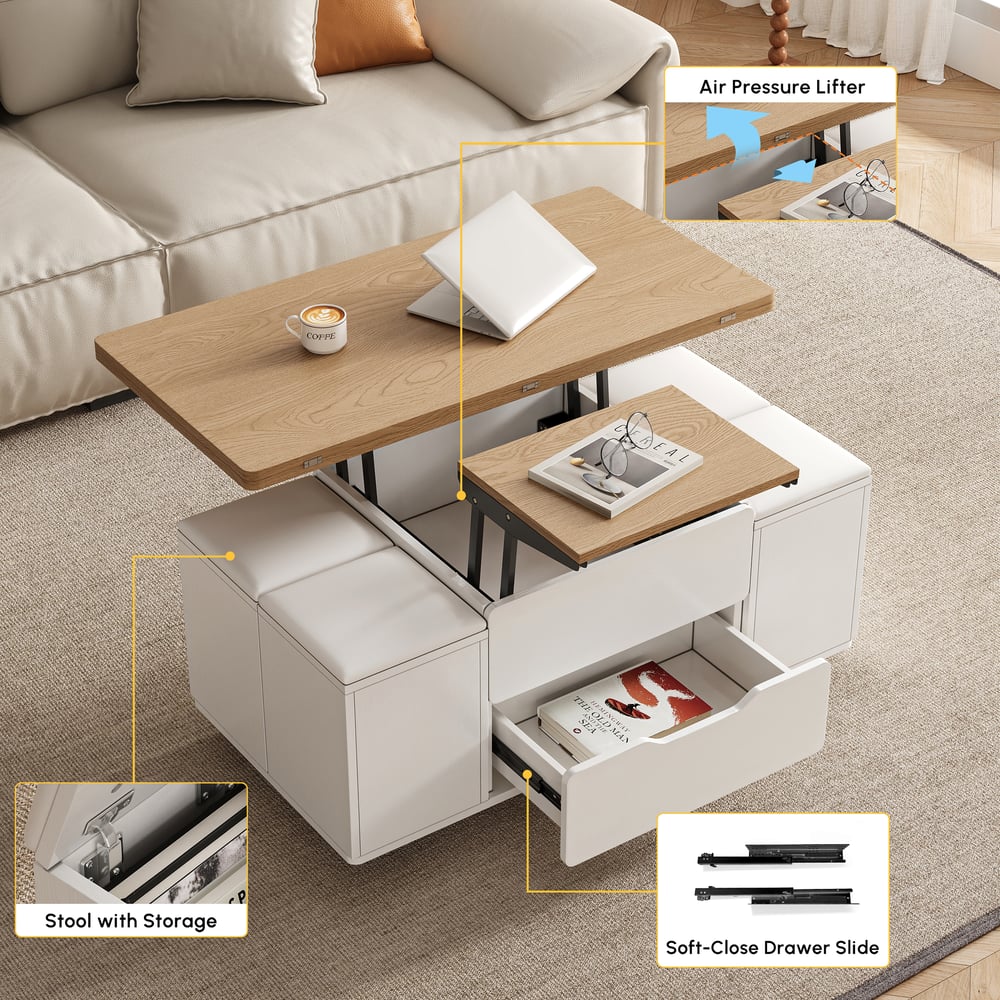 39" Lift-Top Foldable Natural & White Coffee Table with 4 Stools & Storage