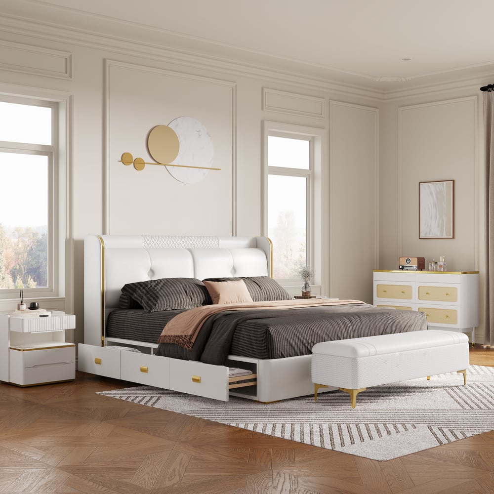 Leather Upholstered King Storage Bed with Wingback Headboard