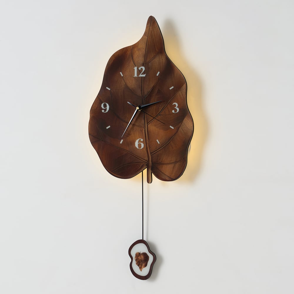 Rustic Leaf-Shaped Wall Clock with USB Light & Moving Pendulum – 28 Inches